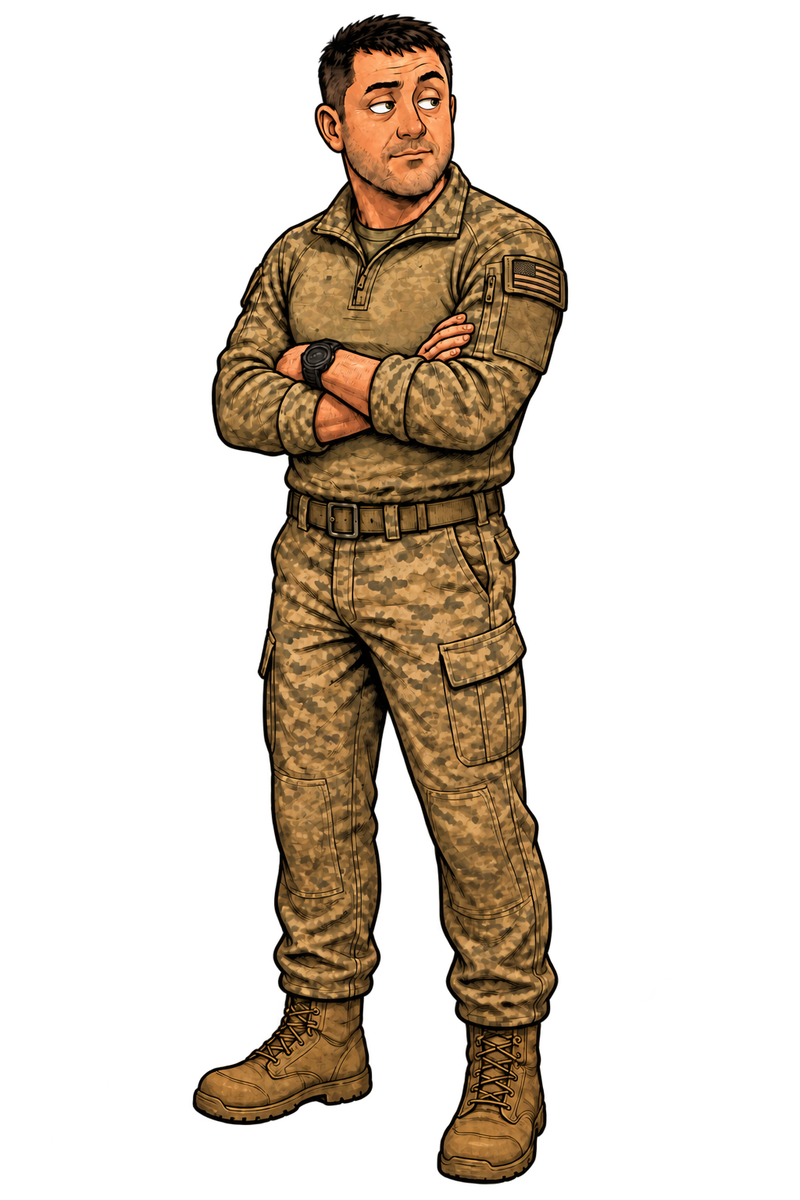 A Salty Vet standing with arms crossed and looking toward the lab principles.
