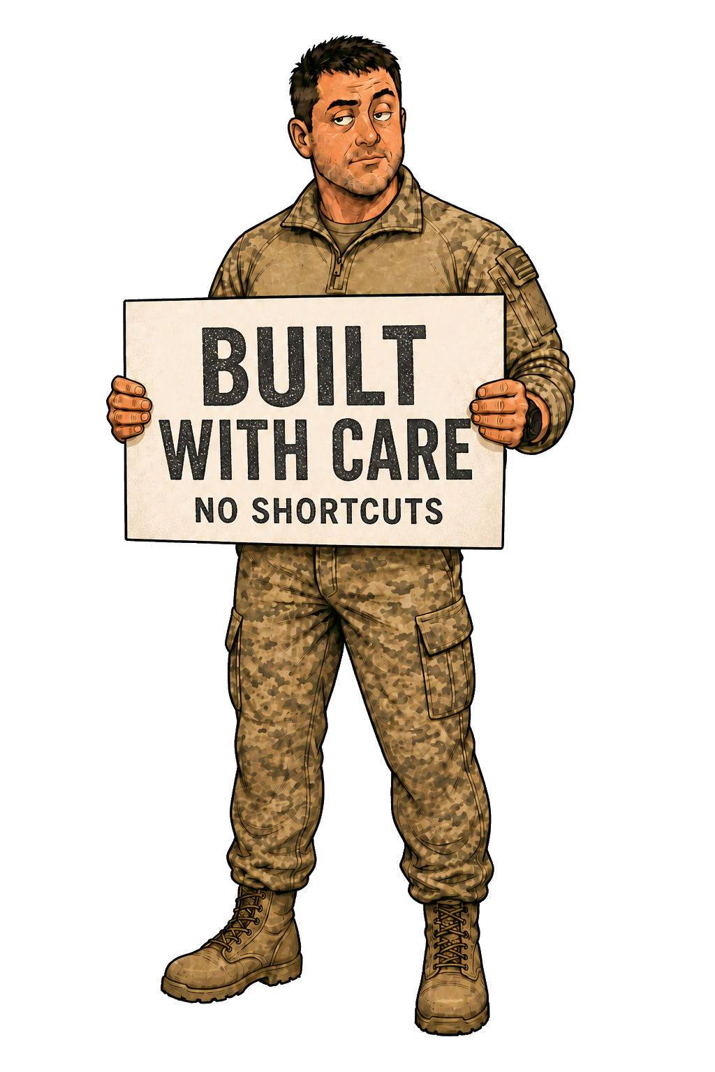 A Salty Vet holding a sign printed Built with care, no shortcuts.