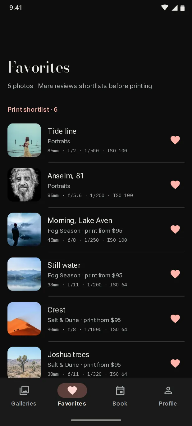 Ferrow Android app in dark theme, a print shortlist of favorite photographs.