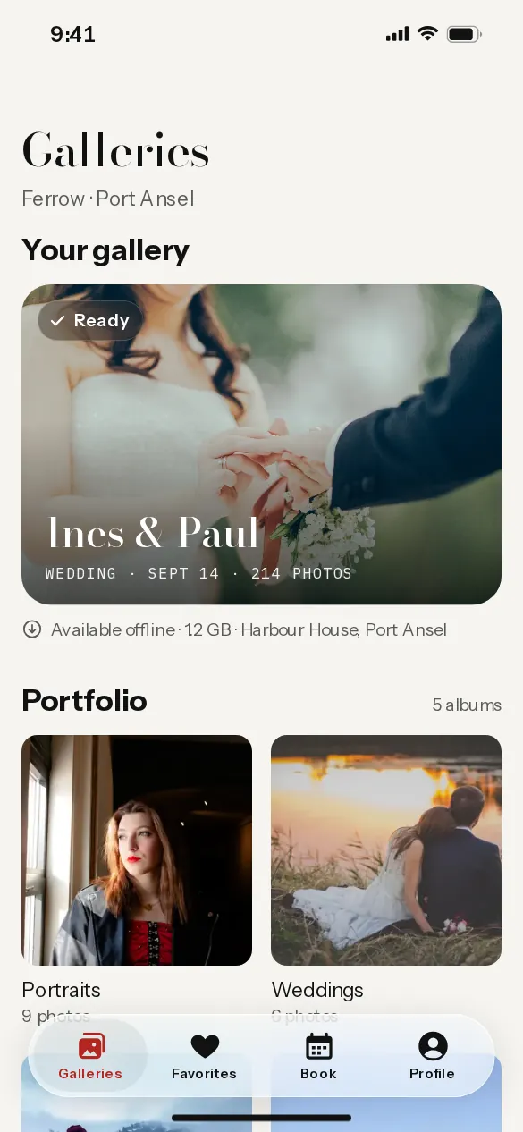 Ferrow iOS app, Galleries screen with a wedding gallery ready to view.