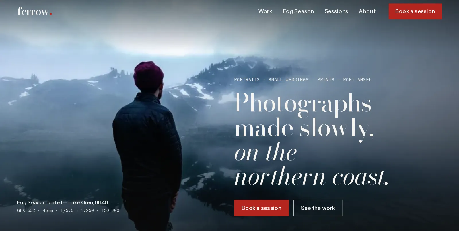 Ferrow website home page: a misty lake photograph under the headline Photographs made slowly, on the northern coast.